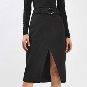 Topshop Belted Pencil Skirt Black Front Slit Sz 6